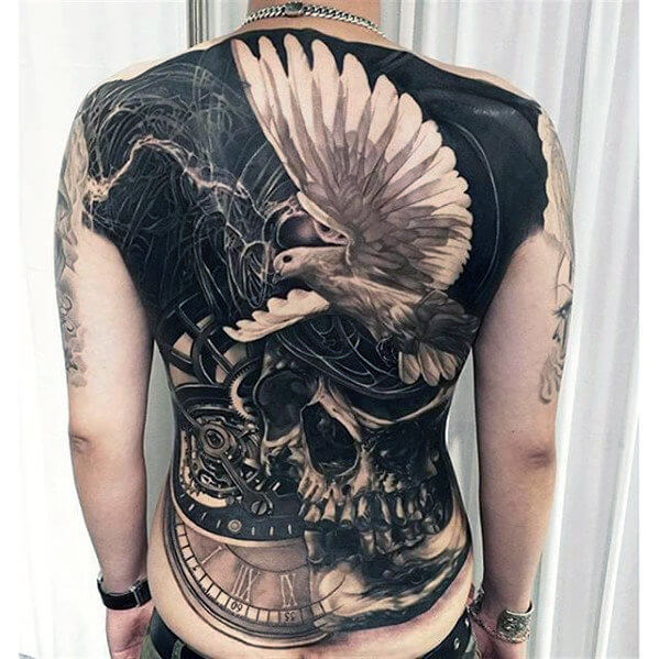 cool-realistic-skull-with-flying-white-dove-full-back-tattoo-for-men