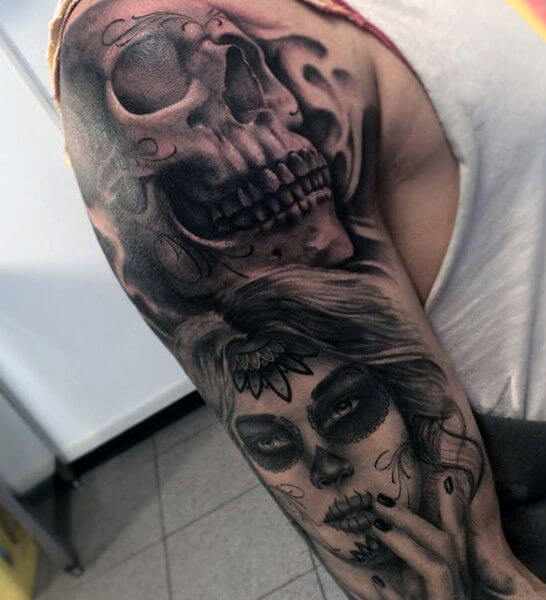 sugar-skull-sleeve-tattoos-for-males-day-of-the-dead-themed