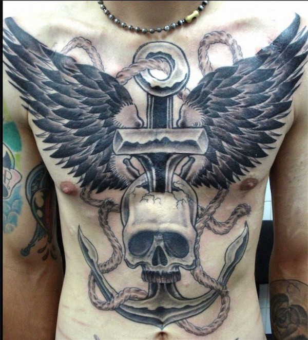 anchor, skull, and wings tattoo for men