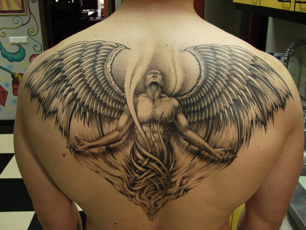 angel in flames wing tattoo for men