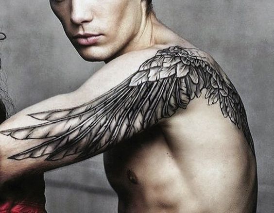 arm and back wing tattoo for men