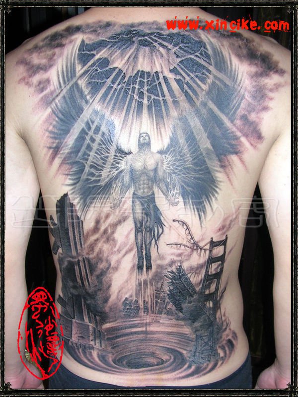ascending angel with spread wings tattoo for men