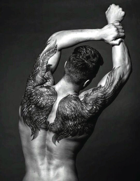back and arm wing tattoo for men