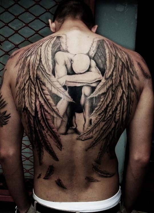 bowing angel wing tattoo for men