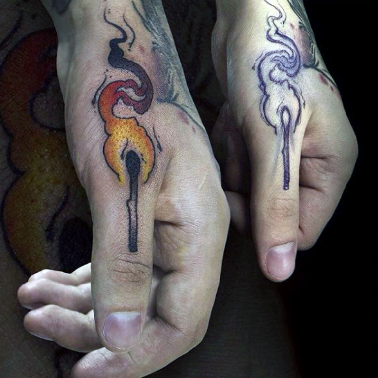 burning match finger tattoos for men