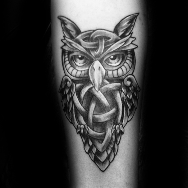 celtic design owl tattoo for men's forearms