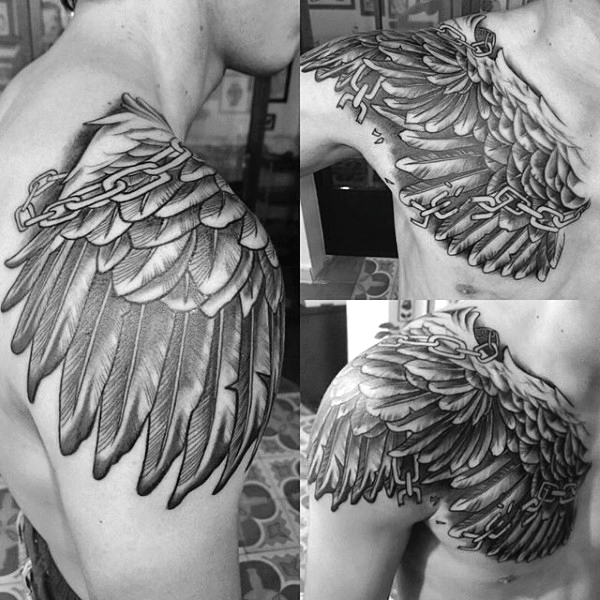 chest and shoulder wing tattoo for men
