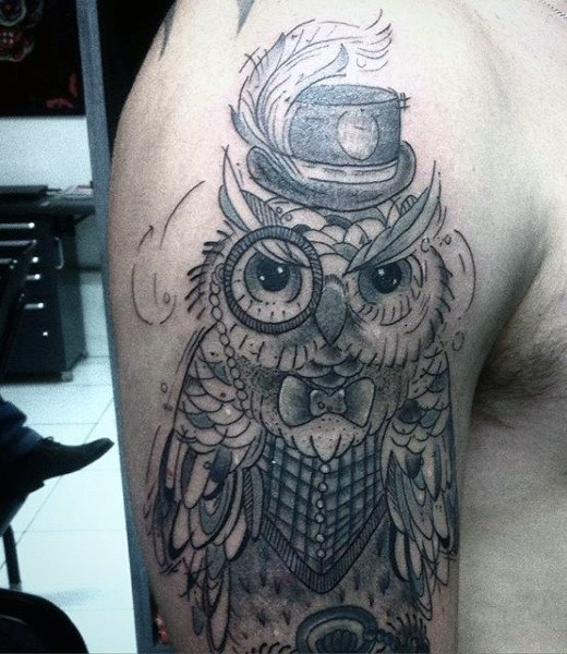 classy owl in jacket and top hat men's arm tatoo
