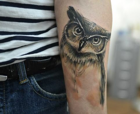 cocked head owl tattoo for men's forearms