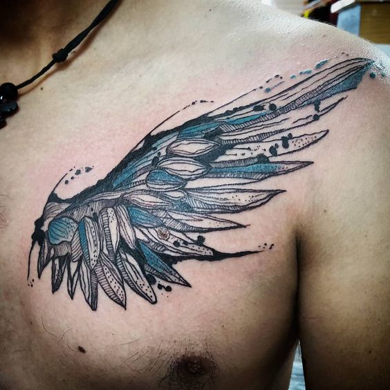 colored chest wing tattoo for men