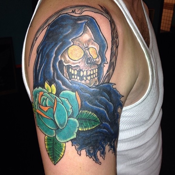 colored grim reaper tattoo for men