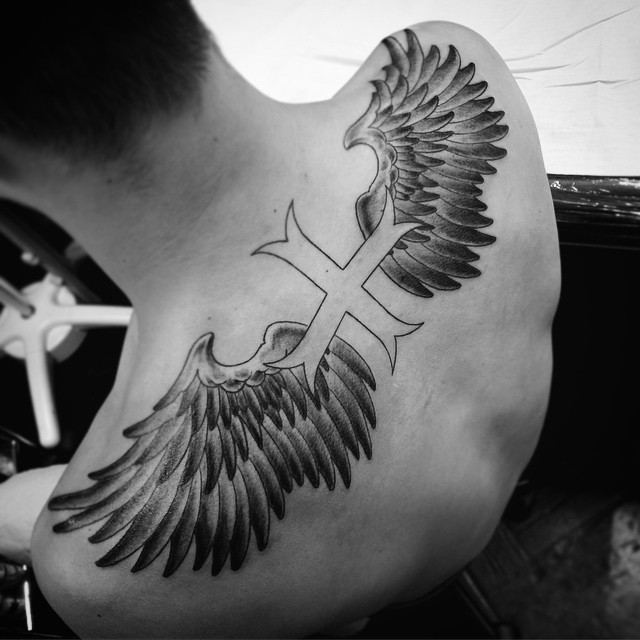 cross and wings tattoo for men