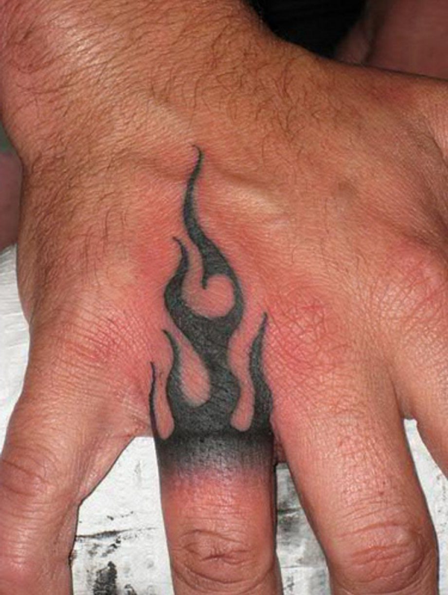 flame wedding ring finger tattoo for men