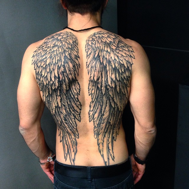 full back wing tattoo for men'