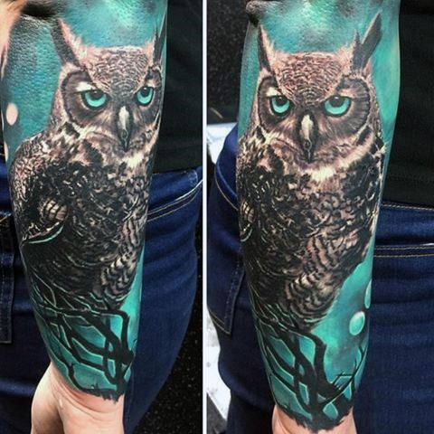 full colored owl tattoo for men's arms