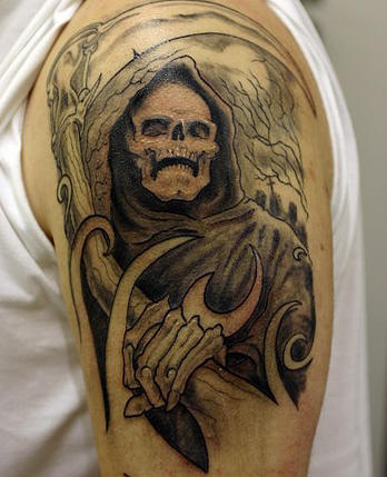grim reaper against trees tattoo for men