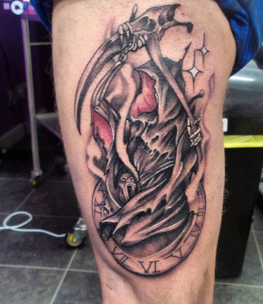 grim reaper and clock tattoo for men
