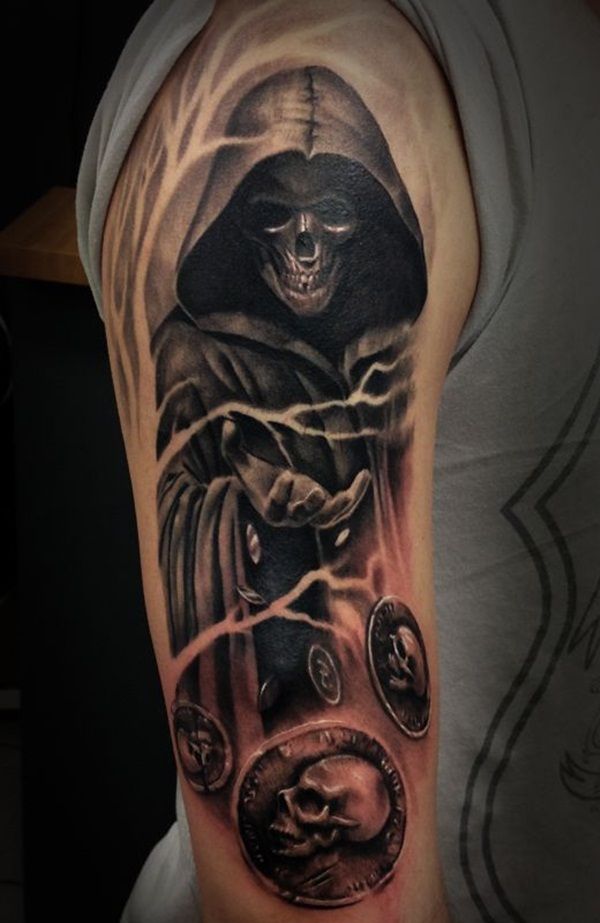 grim reaper and coins tattoo for men
