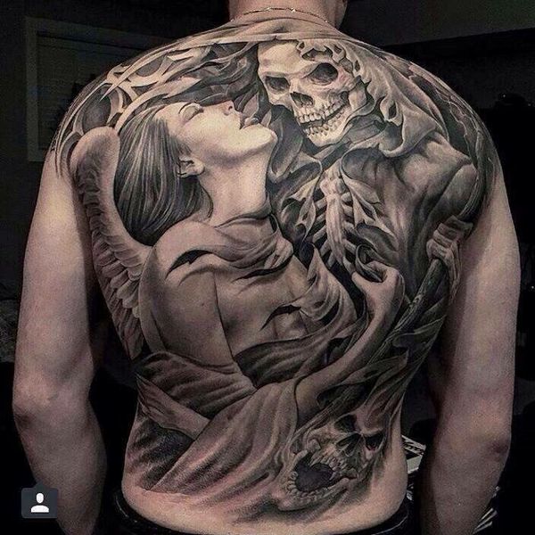 grim reaper and woman tattoo for men