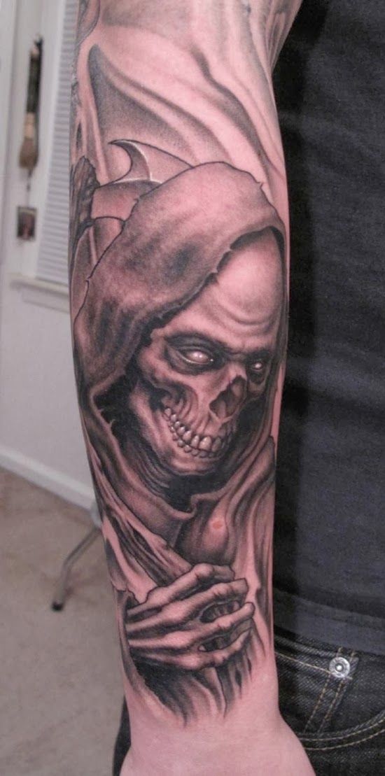 grim reaper face arm tattoo for dudes
