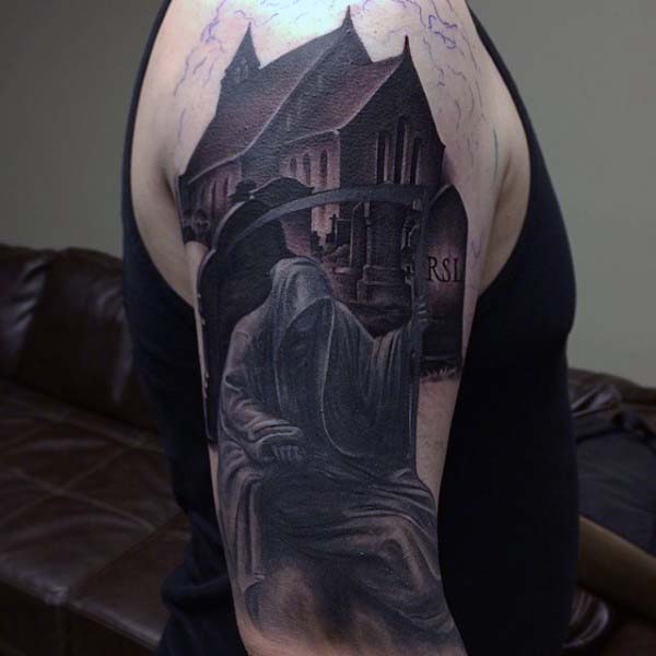 haunted house and grim reaper manly tattoo for men