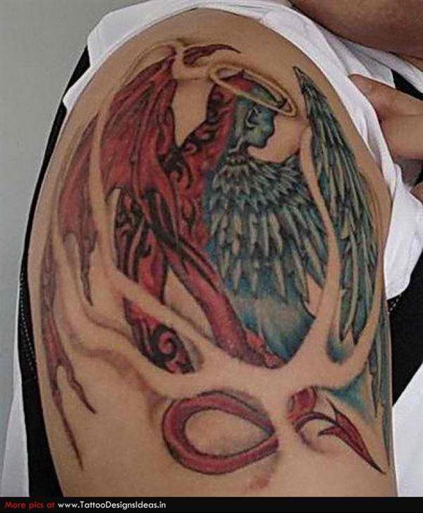 interesting angel and demon wings tattoo for men
