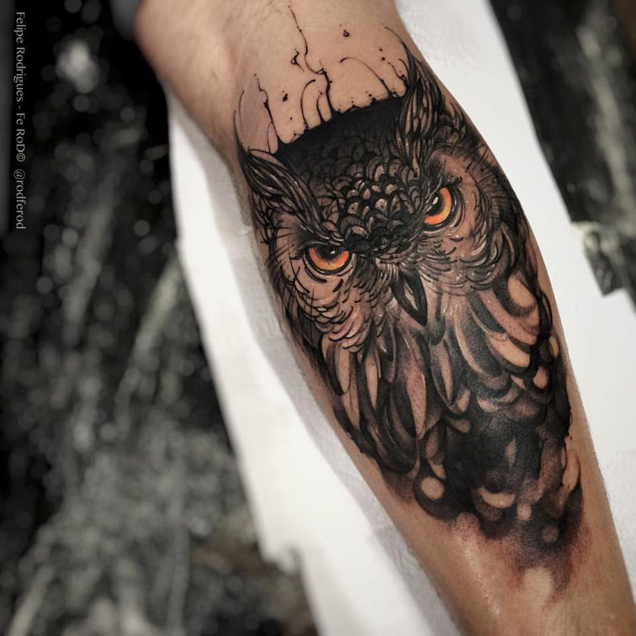 intimidating owl tattoo for men's forearms