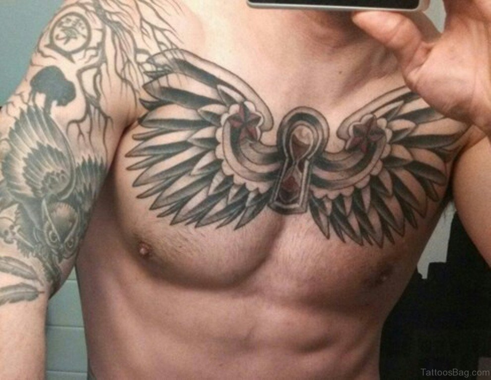 keyhole, hourglass, wing tattoo for men