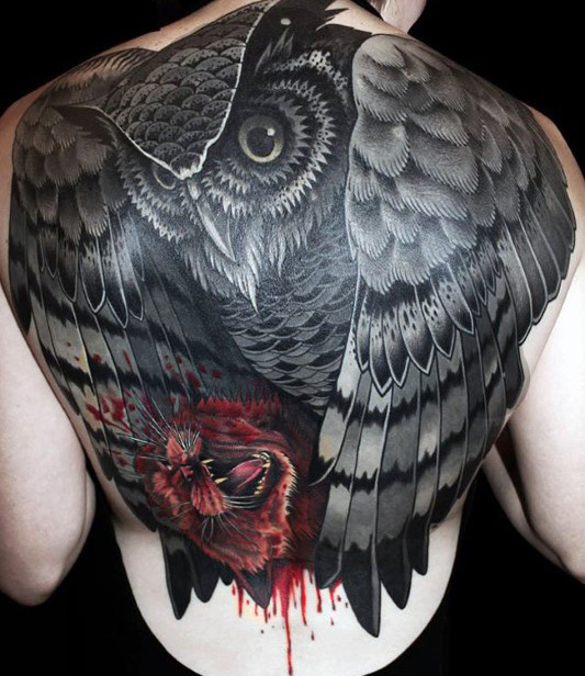 large owl men's back tattoo