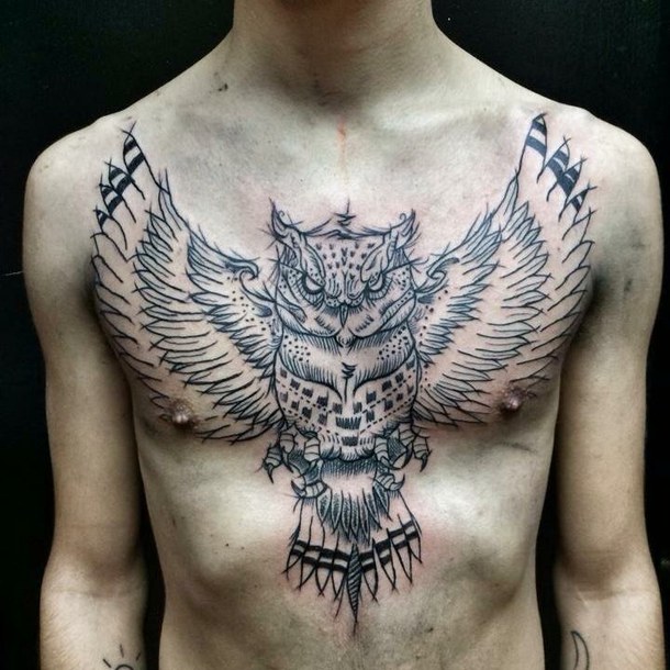 large owl with spread wings chest tatoo for men