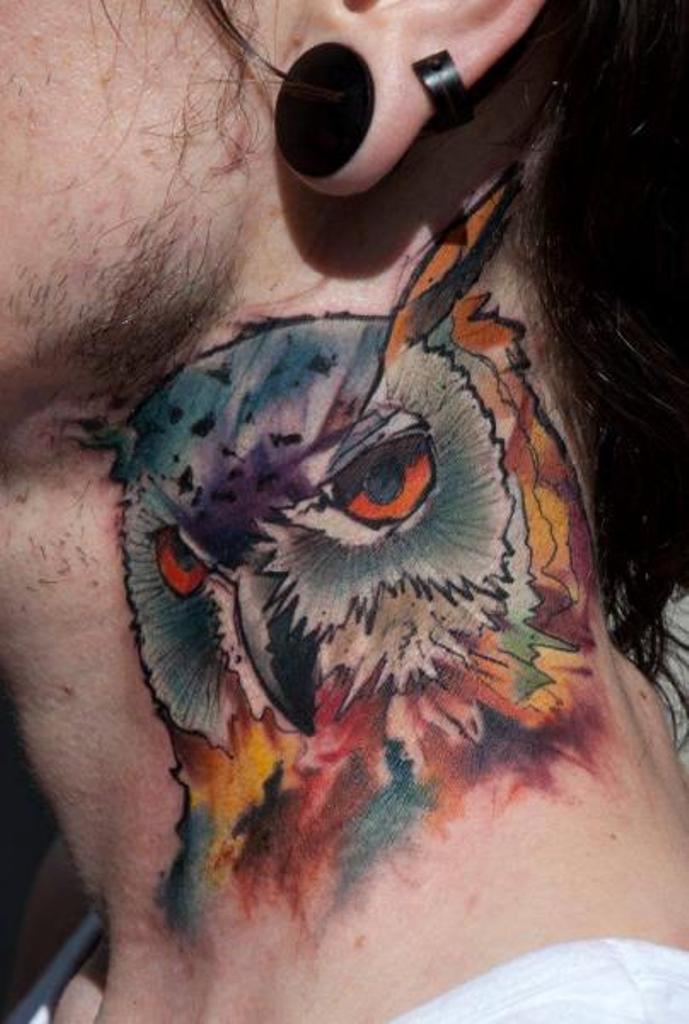 men's colorful owl neck tattoo