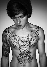 men's flying owl chest tattoo