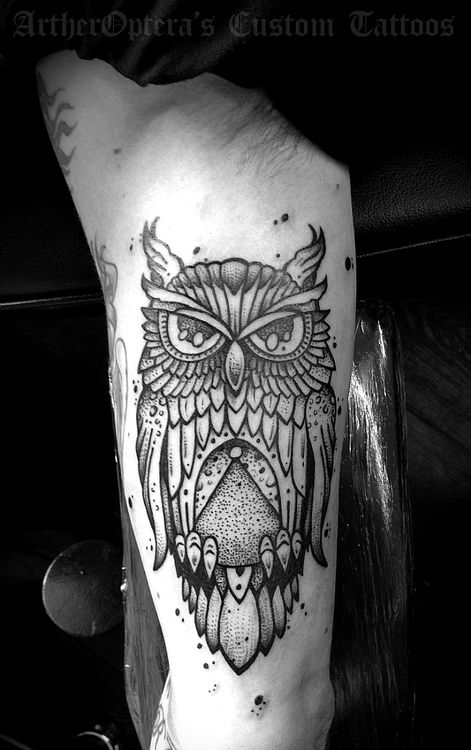 metallic owl design tatoo for men's arms
