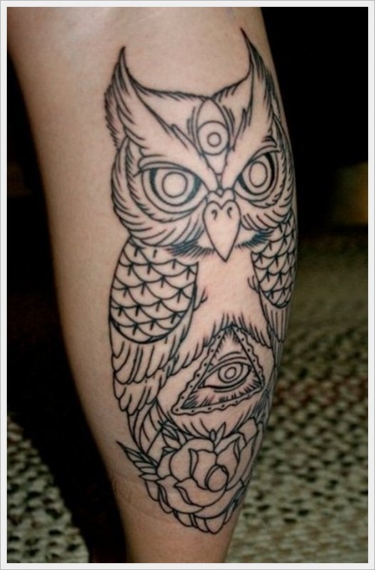 owl and eye leg men's leg tattoo