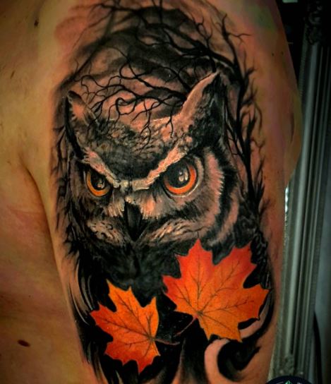 owl and fall leaves tattoo for men's arms