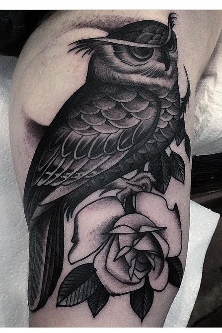 owl and rose tattoo for men's arm