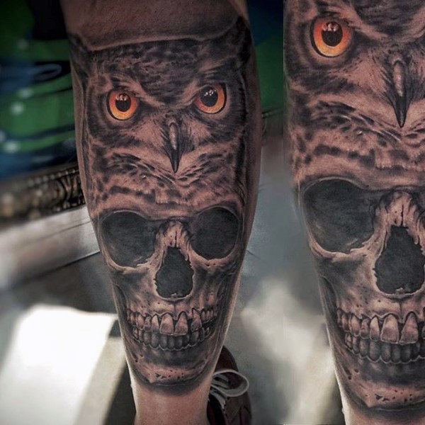 owl and skull leg tattoo for men