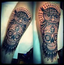 owl and sugar skull forearm tattoo for men