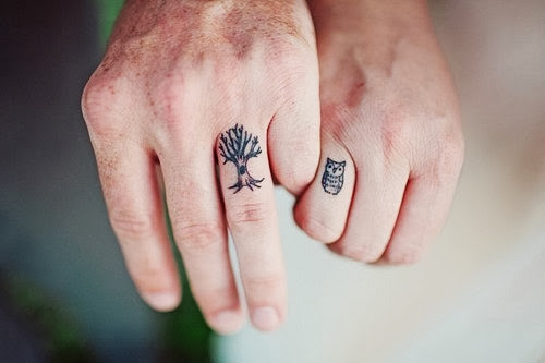 owl and tree finger tattoos for men