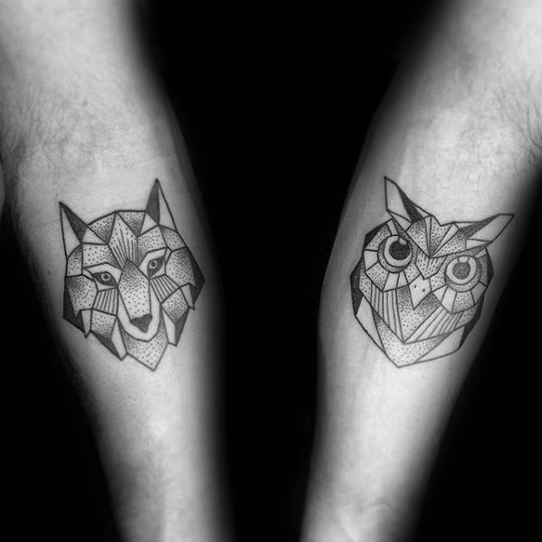 owl and wolf men's leg tattoos