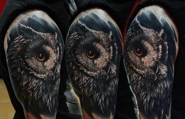 owl face men's knee tattoo