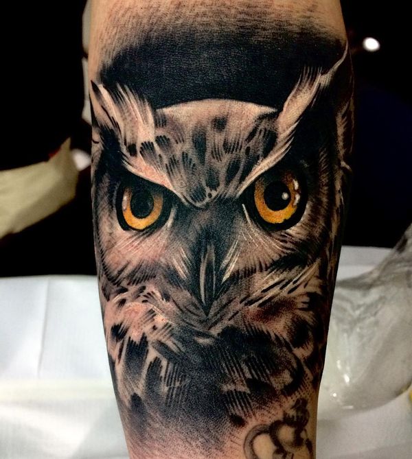 owl face men's shin tattoo