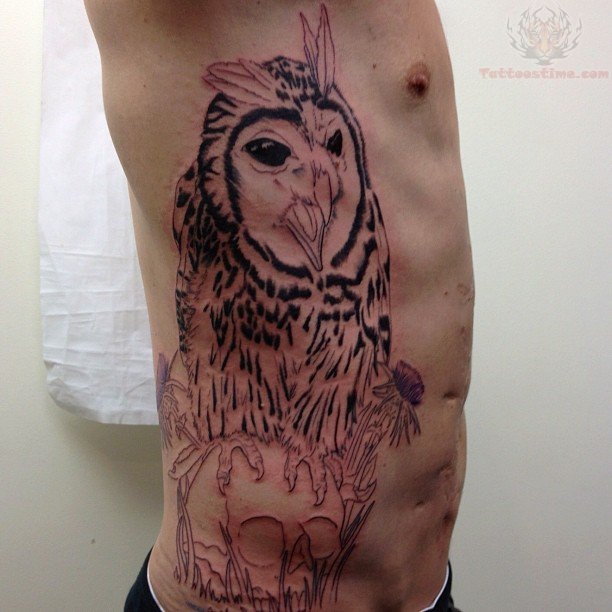owl sitting on skull in grass men's rib tattoo