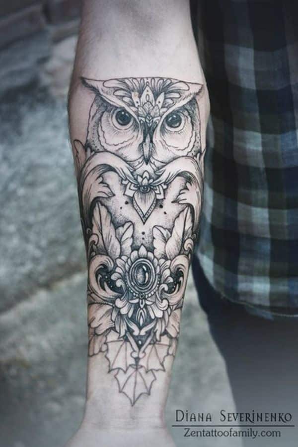 owl tattoo for men with floral motif