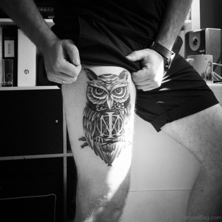 owl tattoo for men's upper legs