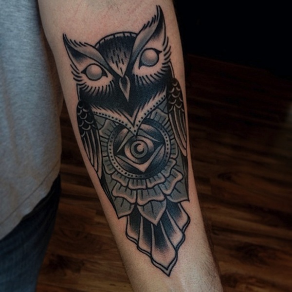owl totem tattoo for men's inner arm