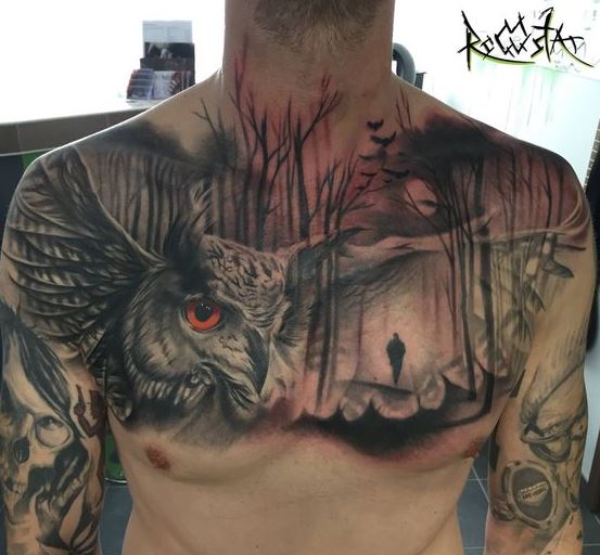 owl watching man tattoo for men's chest