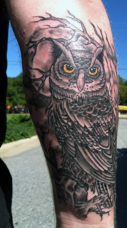 owl with branches men's arm tattoo
