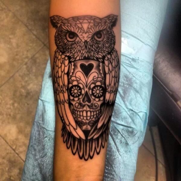 owl with day of the dead skull forearm tattoo for men