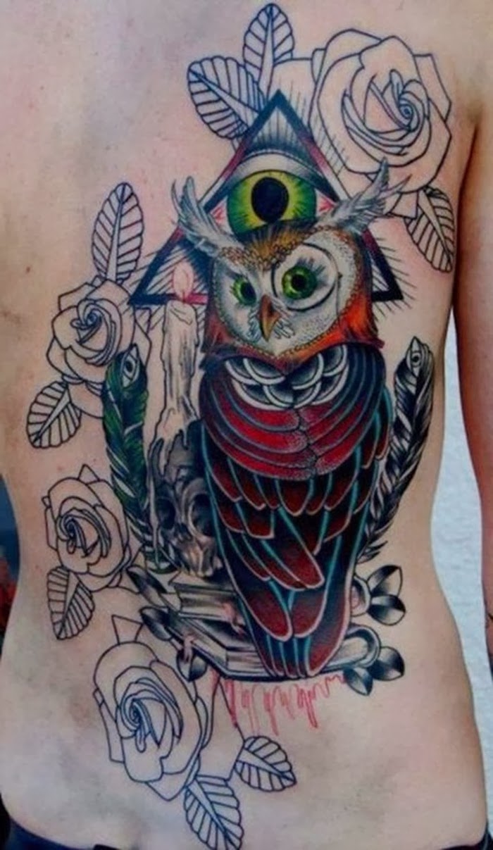 owl with eye and roses men's back tattoo